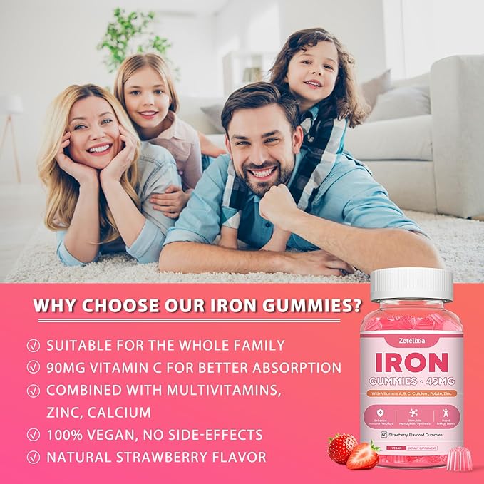 Vegan Iron Supplement Gummies for Women & Men, Anemia, Blood Builder & Energy Support for Iron Deficiency, with Vitamin C, A, B Complex, Folate, CoQ10, Sugar Free, Non-GMO, 60 Count