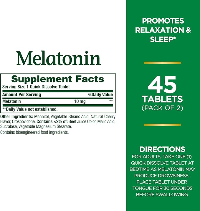 Nature's Bounty Melatonin Quick Dissolve Tablet, Sleep Support, 10 mg, Tablets, 45 Ct (2 Pack)
