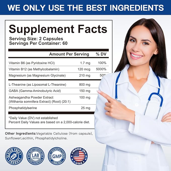 Liposomal L-Theanine 800mg with GABA, Magnesium, Ashwagandha, Phosphatidylserine, Vitamin B6 & B12 - Calm, Sleep, Relaxation & Mood Support for Women & Men, Vegan - 120 Capsules