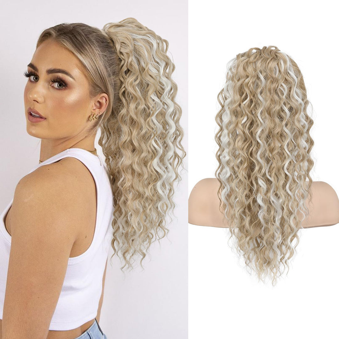 SEIKEA Ponytail Extension, PT005 Isabella 18" Long Bohemian Curly Drawstring Ponytail Light Fluffy Multi Layered Clip in Hair Extensions Ponytail Natural Soft Synthetic Hairpiece Blonde/WhiteBlonde