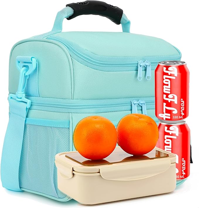 FlowFly Double Layer Cooler Insulated Lunch Bag Adult Lunch Box Large Tote Bag for Men, Women, With Adjustable Strap,Front Pocket and Dual Large Mesh Side Pockets