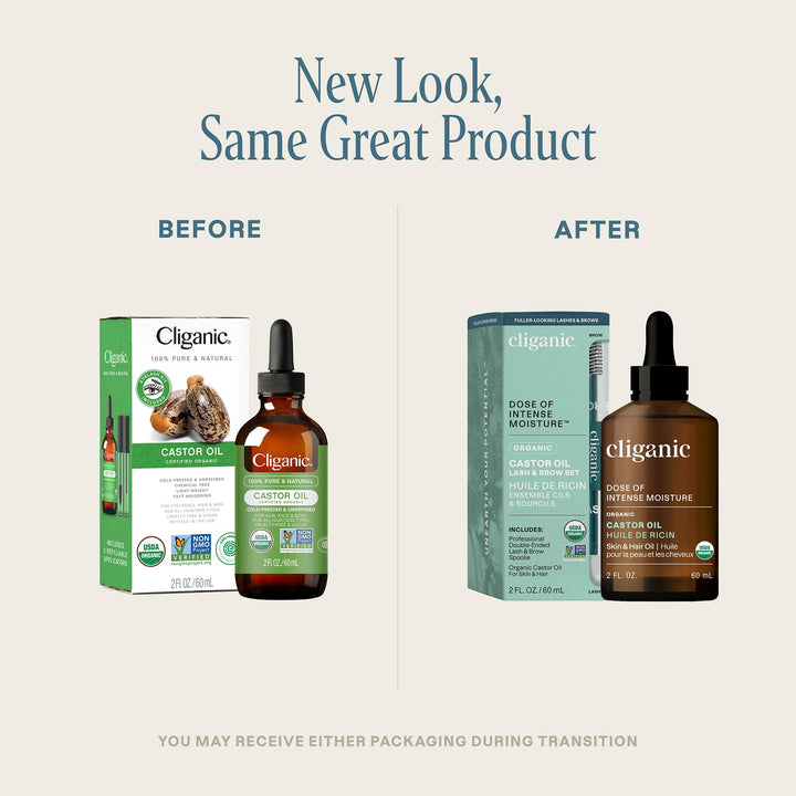 Cliganic Organic Castor Oil, 100% Pure (2oz with Eyelash Kit) - For Eyelashes, Eyebrows, Hair & Skin (Packaging May Vary)