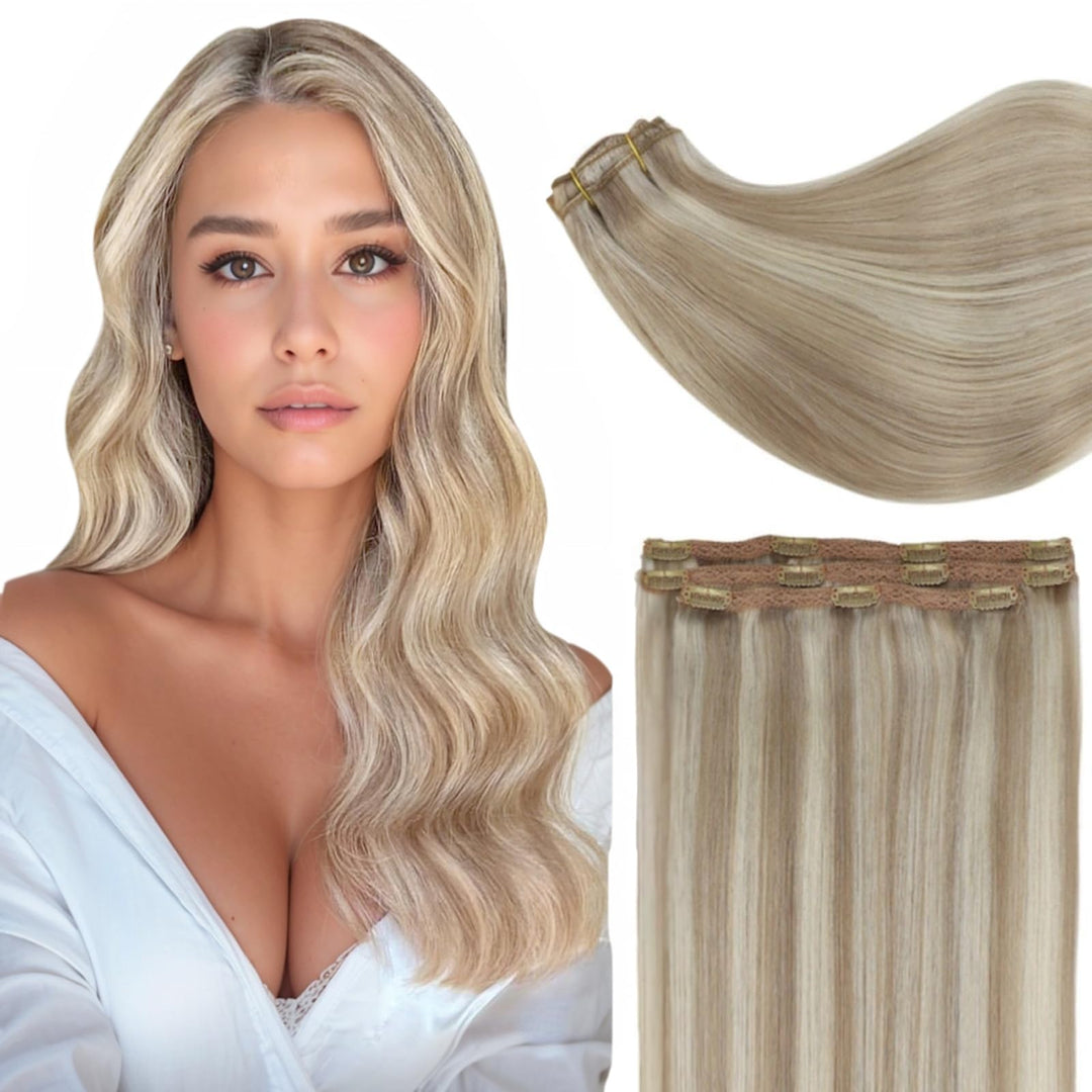 Full Shine Clip in Hair Extensions Real Human Hair 12 Inch Golden Blonde Highlight Medium Blonde Human Hair Extensions Real Hair Extensions Double Weft Natural Hair Straight For Women 60 Grams 3 Pcs