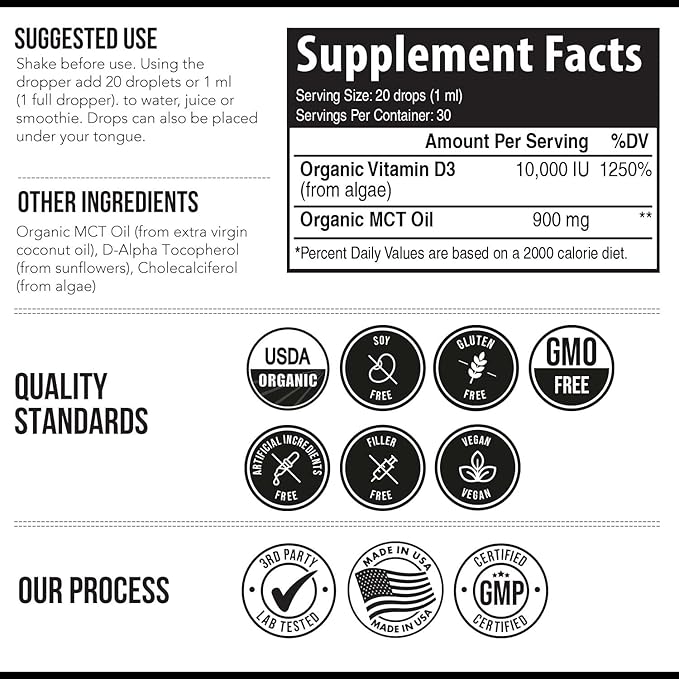 Organic Vitamin D3 10,000 IU - Plant D3, Vegan, Max Strength Sublingual Liquid D3 Drops - 200% Higher Absorption, 100% Plant-Based Cholecalciferol Form & Vegan D3, Adjustable Dosing (30 Servings)