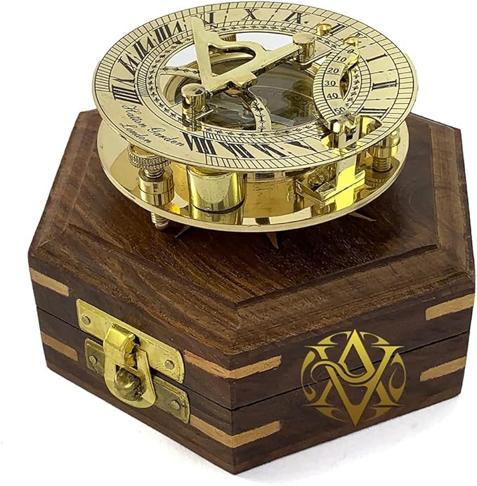 AV Nautical Sundial Brass Compass with Wooden Box - Gifts for Father/Brother/Sailor/Marine