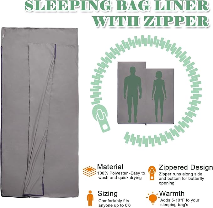 Sleeping Bag Liner,Adult Sleep Sack & Travel Sheets,Travel Sleep Sack for Backpacking, Hotels & Hostels - Lightweight Single & Double Travel Sheet Camping Sheets,Has Full Length Zipper