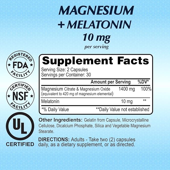 Magnesium Plus Melatonin 10 mg Sleep Supplement by Alfa Vitamins for Sleep Improvement and Relaxation, 60 Capsules