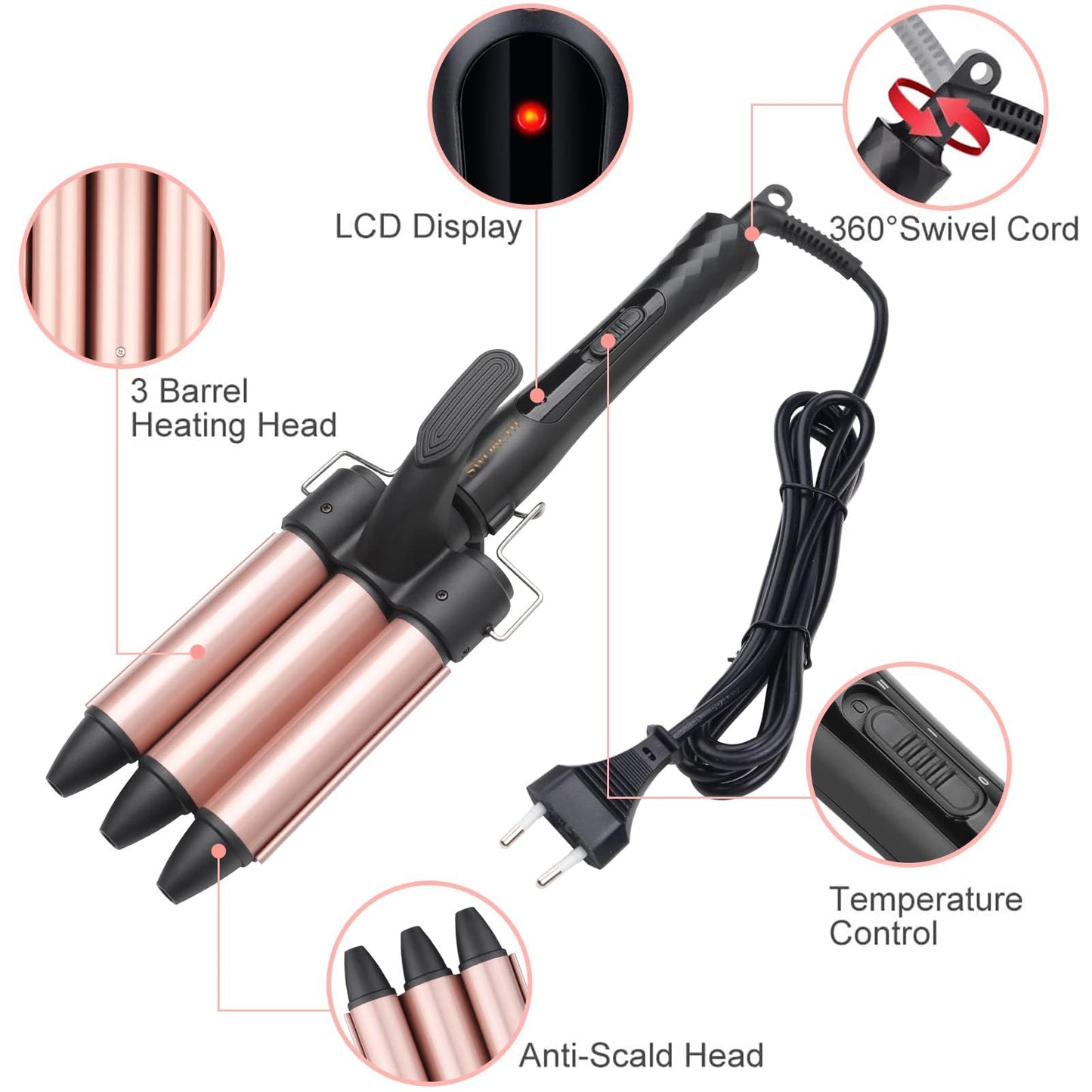 3 Barrel Hair Waver Curler Mermaid Curling Wand 25MM Crimper Ceramic Tourmaline Beach Waves Tongs Fast Heating Deep Curly Iron with Temperature Control for Women Girls Hair Styling Tools