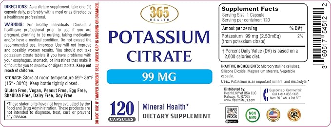 Health Potassium (Citrate) - Essential Electrolyte Supplement to Support Nerve & Muscle Function Heart Health & Energy* - Potassium Citrate Capsule - 120 Capsules