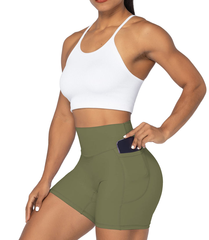 Sunzel No Front Seam Biker Shorts for Women with Pockets, Yoga Workout Gym Bike Shorts with Tummy Control 5" Olive Green X-Small