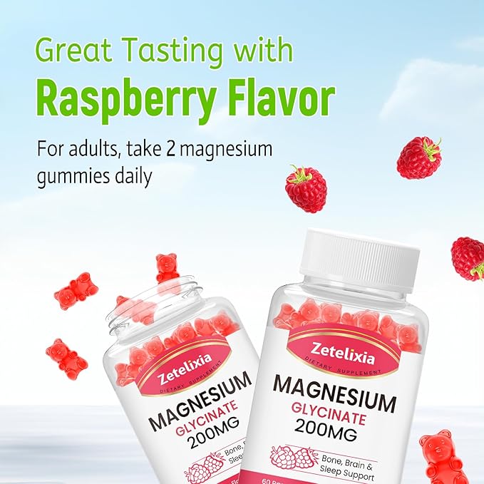 Magnesium Glycinate Gummies, High Absorption Magnesium Glycinate Supplements for Relaxation, Magnesium Chews for Adults and Kids, Raspberry Flavor 60 Count