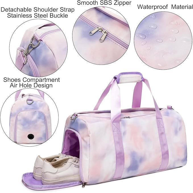 Sports Gym Bag for Girls Dance Bag for Girls Teen Travel Duffel Bags Waterproof Overnight Duffel Bag with Shoe Compartment Ballet Gym Bag Purple