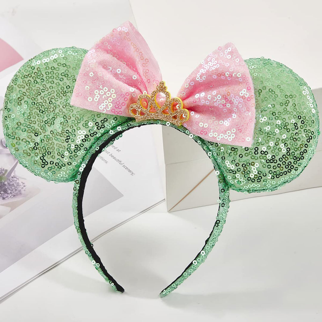 RAZKO Minnie Ears Headband, Sequin Mickey Mouse Ears for Women Girls Hair Accessories (Green Crown L)