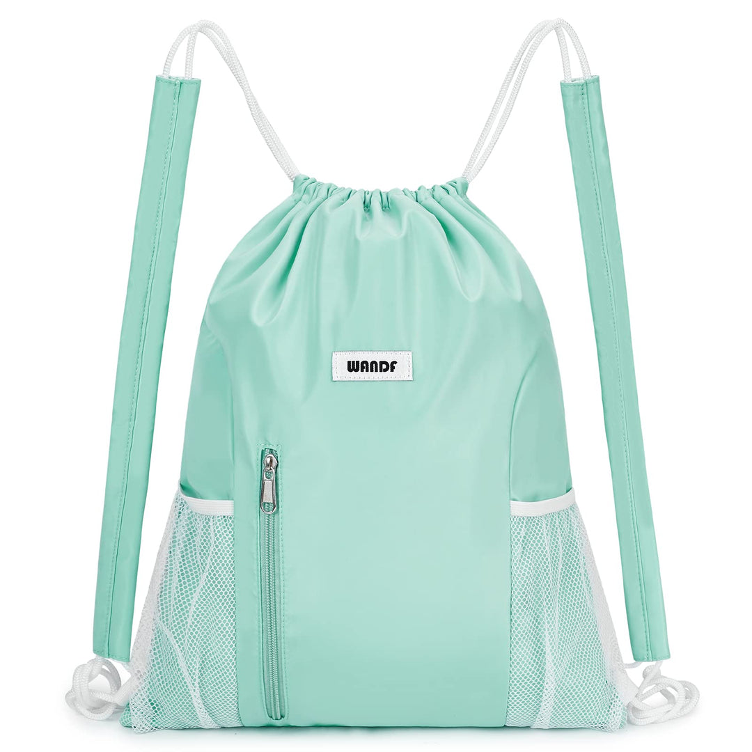 WANDF Drawstring Backpack with Shoulder Pad Sports Gym Backpack with Mesh Pocket String Bag for Women Men(Mint green)