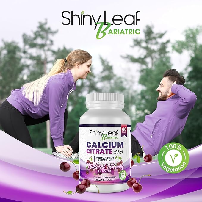 Shiny Leaf Bariatric Calcium Citrate Chews - 600mg, with Vitamin D 3 Plus Magnesium - Chewable Supplements for Women and Men, Bariatric Patients Vitamins for Bone and Joints Health, 180 Count, Cherry