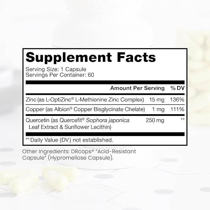 Zinc Defense | Zinc + Copper + Quercetin | 60 Servings in Vegan Capsules | L-OptiZinc & Quercefit Ionophore | Chelated Minerals | Immune, Gut, & Hormonal Balance Support