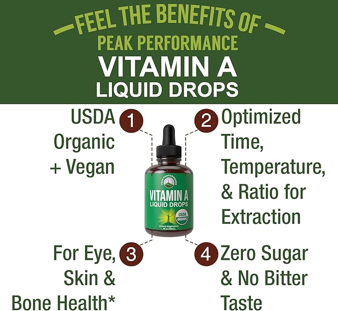USDA Organic Vitamin A Liquid Drops Supplement. Vegan High Bioavailability For Eye, Skin, and Bone Health. For Adults, Men, Women, Kids. Organic Vit A Oil Retinyl Palmitate. Gluten Free, Zero Sugar
