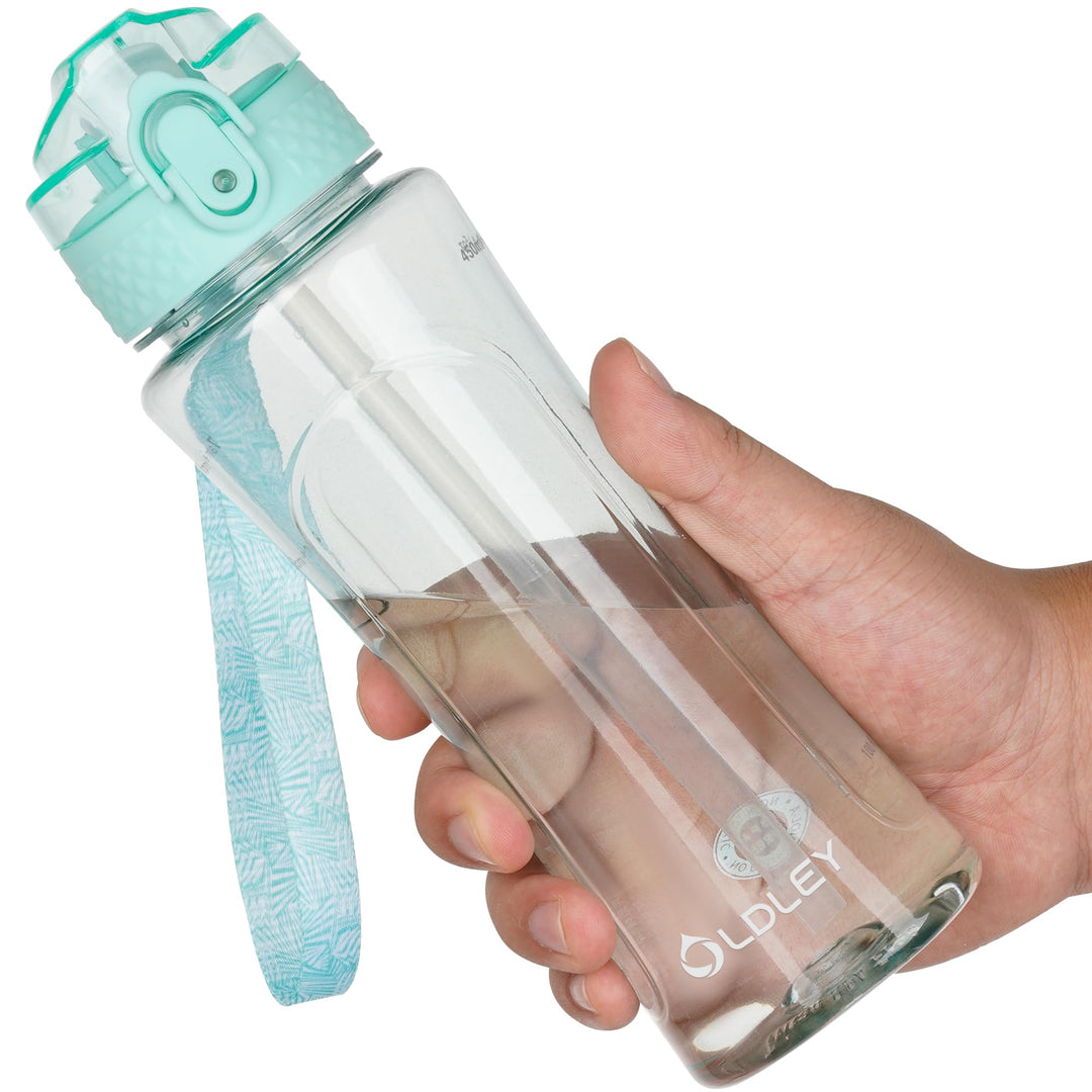OLDLEY Kids Water Bottle with Straw 15 oz BPA-Free Leak-Proof Motivational Water Bottles with Time Marker for School Sports Travel Gym, Easy to Use for Girls Goys, 1 Straw Lid, Transparent-green