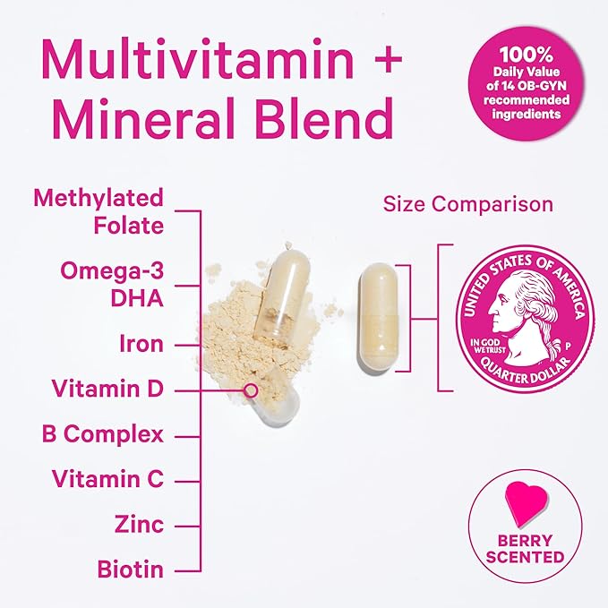 Pink Stork Total Prenatal Vitamins with DHA, Folate, and Iron, 3 Month Supply to Help Support Fetal Development, Pregnancy Must Haves - 180 Capsules