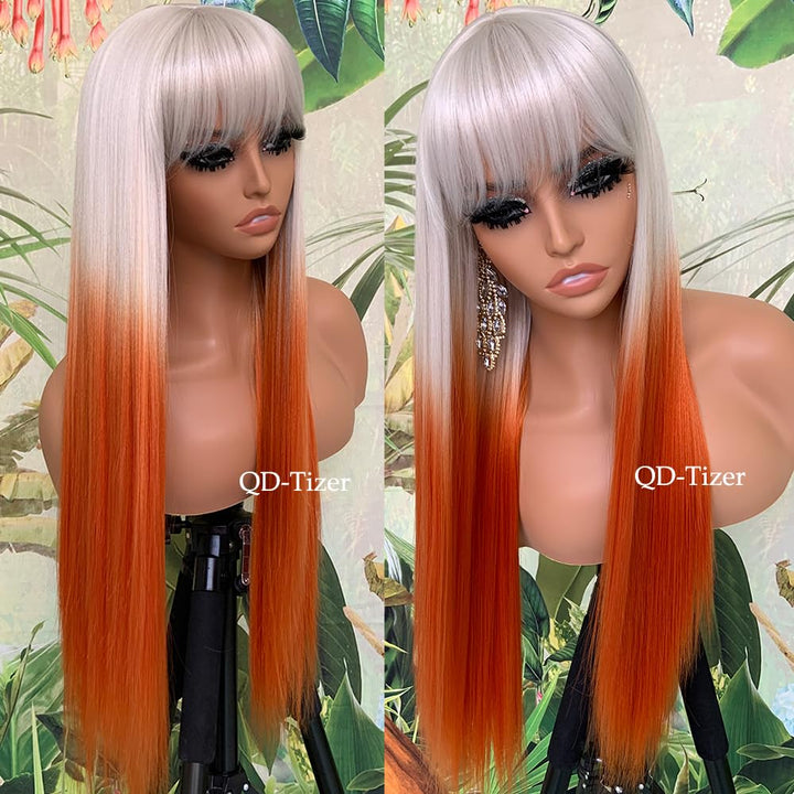 QD-Tizer Long Straight Orange Synthetic Wigs with Bangs Heat Resistant Fiber Glueless Synthetic No Lace Wigs for Fashion Women White Hair Party/cosplay Wigs