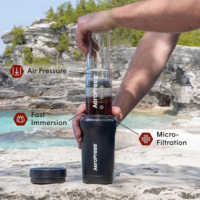 AeroPress Go Plus, Small Portable Coffee Maker for Travel & Camping - 3 In 1 Brew Method Combines French Press, Pourover, Espresso, Full Bodied Coffee without Bitterness, Coffee Press Kit - Black