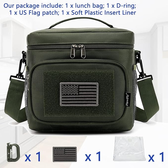 FlowFly Tactical Lunch Bag Large Insulated Lunch Box Cooler Tote for Men, Women with MOLLE/PALS Webbing (Army#Green, Medium)