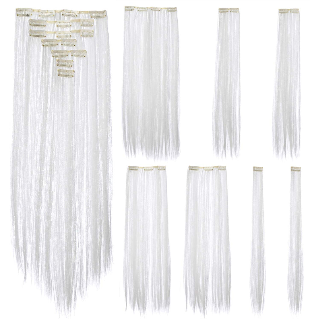 Swacc 7 Pcs Full Head Party Highlights Clip On In Hair Extensions Colored Hair Streak Synthetic Hairpieces (22-Inch Straight, Wh