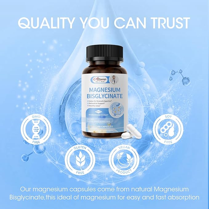 Magnesium Bisglycinate 100% Chelate, Maximum Absorbable Magnesium Glycinate Supplement for Restful Sleep, Energy Muscle Bone & Joint Support Non-GMO, Gluten-Free - 180 Capsules