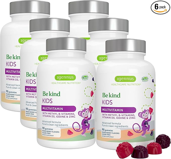 Igennus Methylated Kids Multivitamin Gummy, MTHFR Supplement with B-Vitamins & Vitamin D, No Artificial Sweeteners or Flavors, Sugar Free, Age 4+, 90 Berry Gummies, Non-GMO, Halal, Clean Label x6