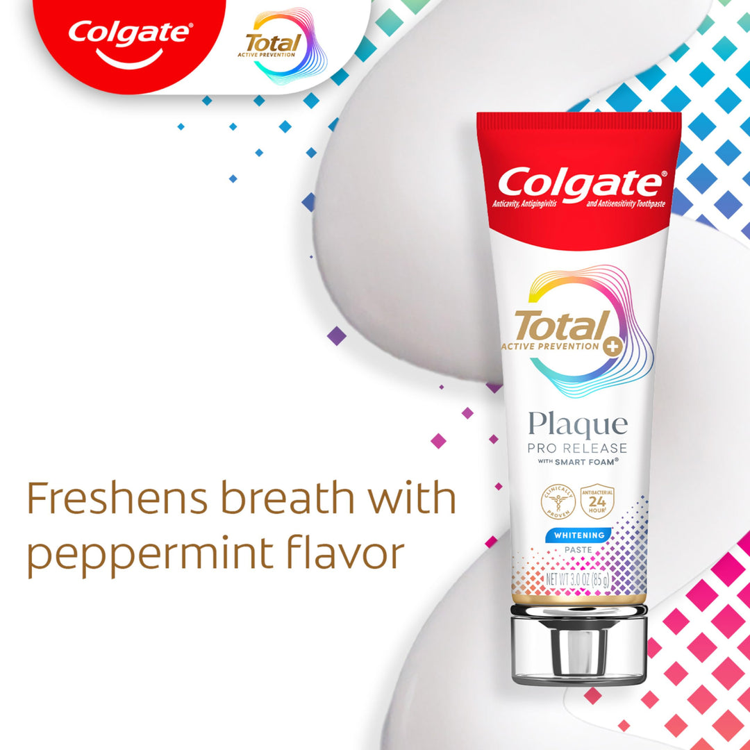 Colgate Total Plaque Pro Release Whitening Toothpaste, Whitening Anticavity Toothpaste, Helps Reduce Plaque and Whitens Teeth, 1 Pack, 3.0 Oz Tube