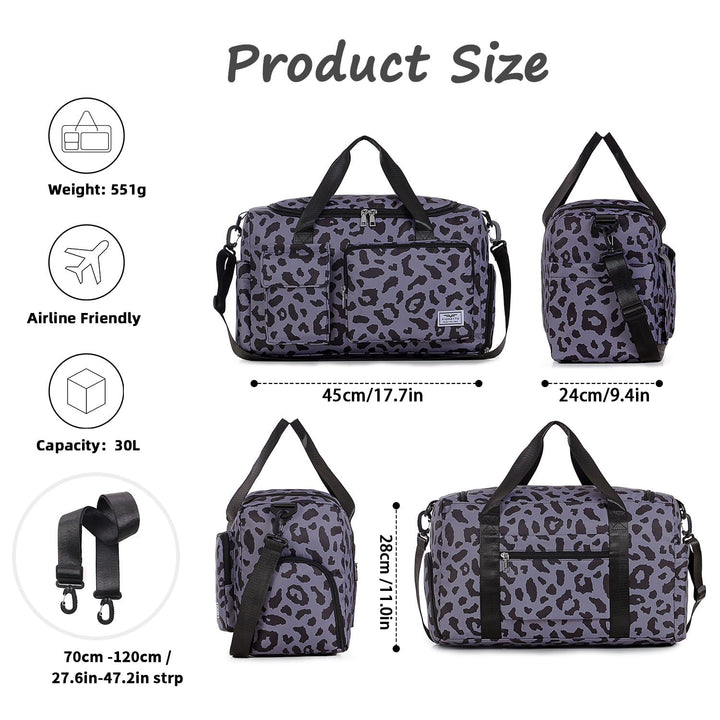 FIORETTO Women's Water-Resistant Gym Duffle Bag with Shoes Compartment, 37L Capacity, Multi-Functional, Ideal for Travel, Gym, Sports, Duffel, Weekender, Leopard Print