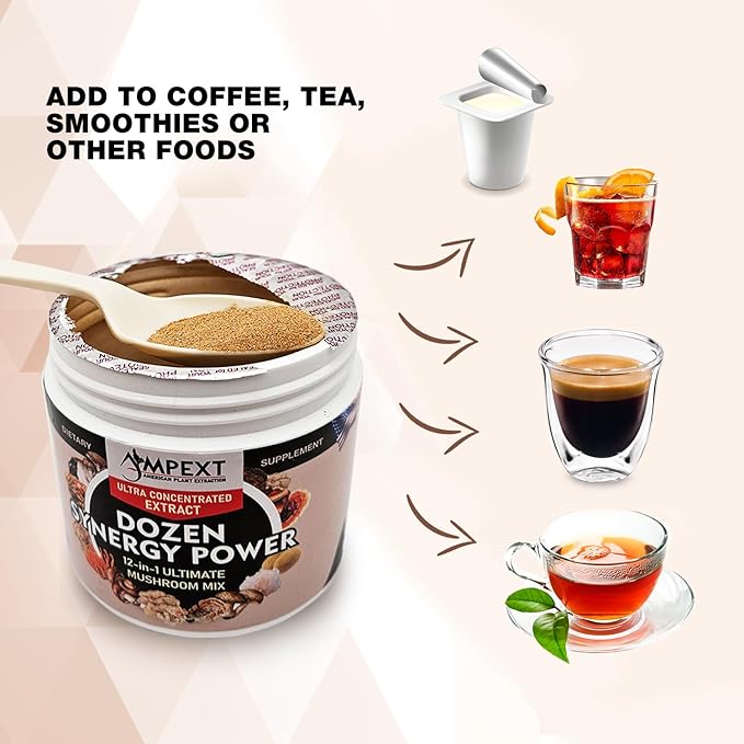 12-in-1 Dozen Synergy Power: Premium Complex of 12 Carefully Selected Fruiting Body Mushroom Extracts, Supporting Immunity, Cognitive & Cardiovascular Functions