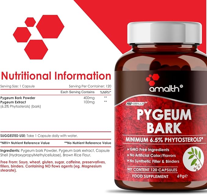 Amalth Pygeum Bark Extract Powder Higher Potency (6.5% phytosterols) Supports Urinary Tract & Prostate Health Men Herbal Supplements 120 Capsules (Non –GMO)