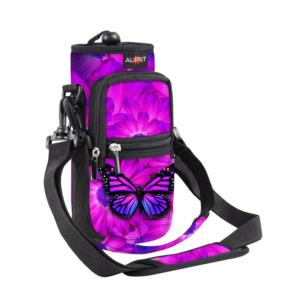 Water Bottle Sling Bag Sleeve Holder Carrier 25/32/40/64 oz ,Insulated Crossbody Water Bottle Case Cover with Strap and Pockets for Men/Women Walking Hiking Camping (32oz, purple butterfly flower)