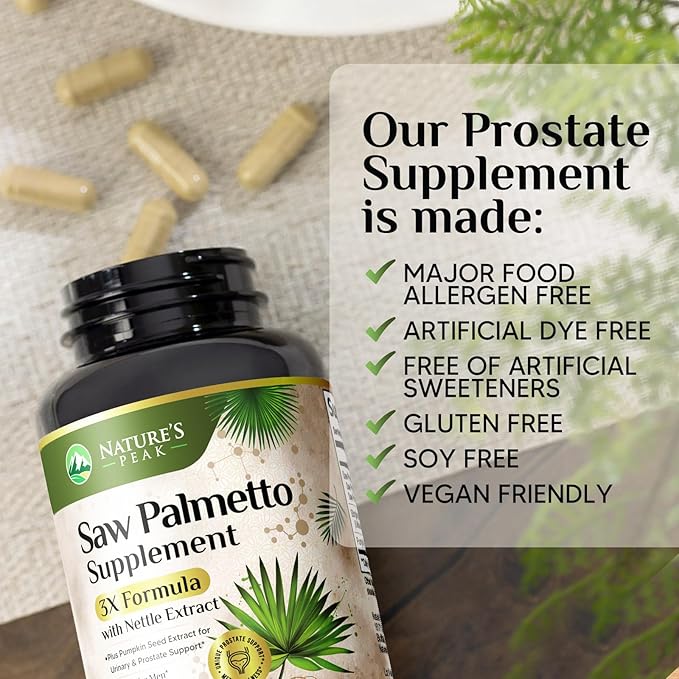 Saw Palmetto for Men Prostate Supplement - Potent 3X Formula with Stinging Nettle + Pumpkin Seed Extract for Men's Health, Herbal Prostate Supplement for Urinary Support, Bottled in USA, 120 Capsules