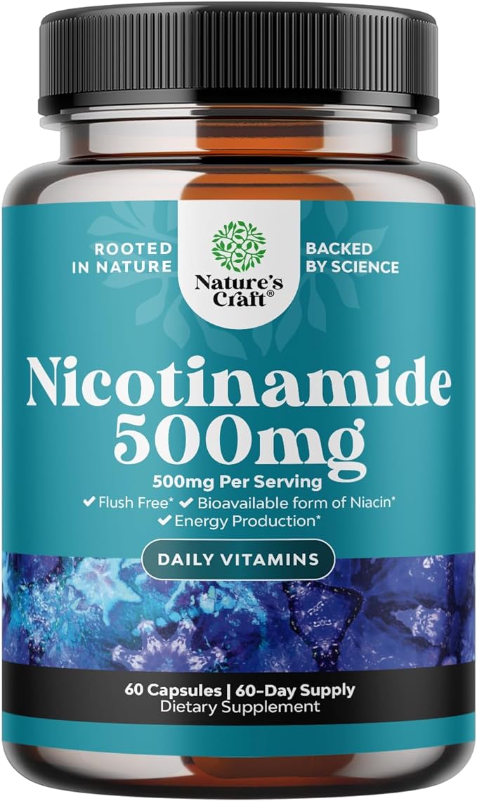 Vitamin B3 Niacinamide 500mg Capsules - Mitochondrial Energy and Potent Skin Supplement - Vitamin B3 Niacin 500mg Flush Free and Nicotinamide 500mg - Flush Free Niacin Supplement - 60 Count