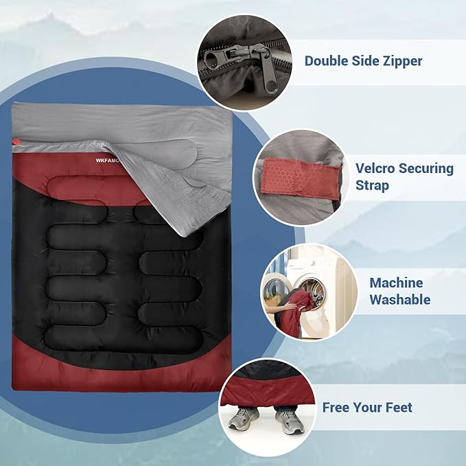 Cotton Flannel Double Sleeping Bag for Adults Machine Washable 2 Person Camping Sleeping Bag Queen Size Waterproof with Compression Sack for Cold Weather 3-4 Seasons