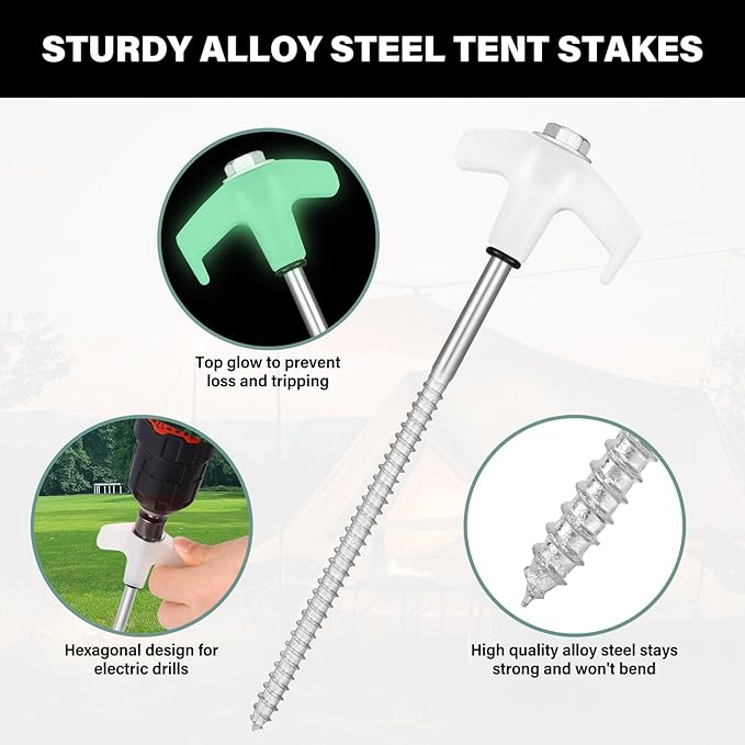 36 Tent Stakes Heavy Duty Metal Tent Stakes Screw in Camping Stakes with Luminous Head Ground Anchor Pegs Threaded Tent Spikes with Hex Head Driver and Storage Box