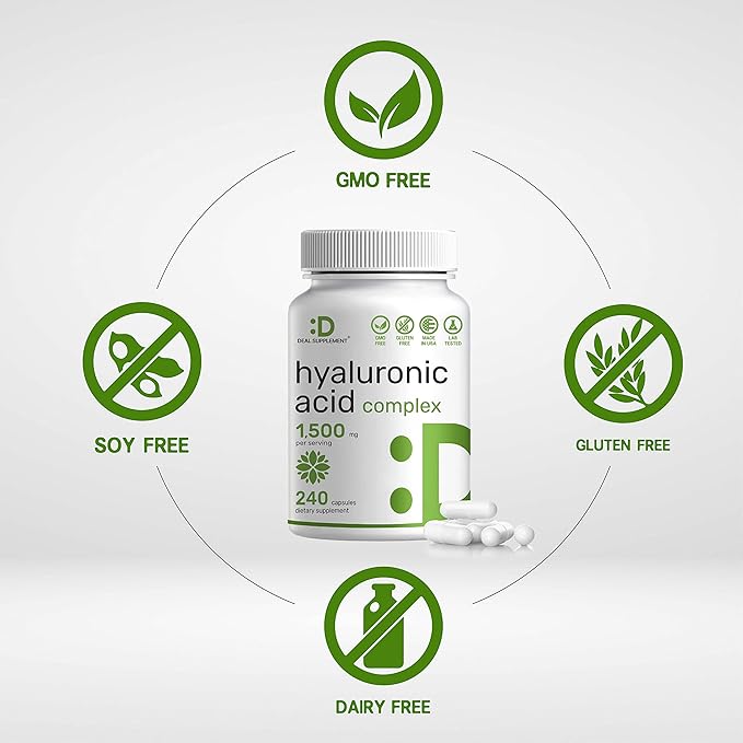 Deal Supplement Hyaluronic Acid Supplements 1,500mg – 240 Capsules, with MSM & Vitamin C – Pure 95% | Non-GMO + Plant Based HA – Supports Healthy Joints, Bones, Connective Tissue, & Skin Hydration