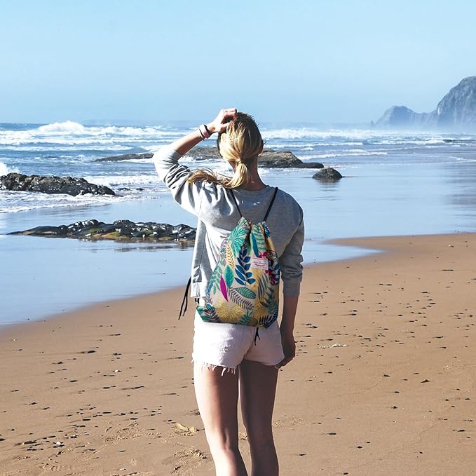 WANDF Drawstring Backpack String Bag Sackpack Cinch Water Resistant Nylon for Gym Shopping Sport Yoga (Grey Leaf)