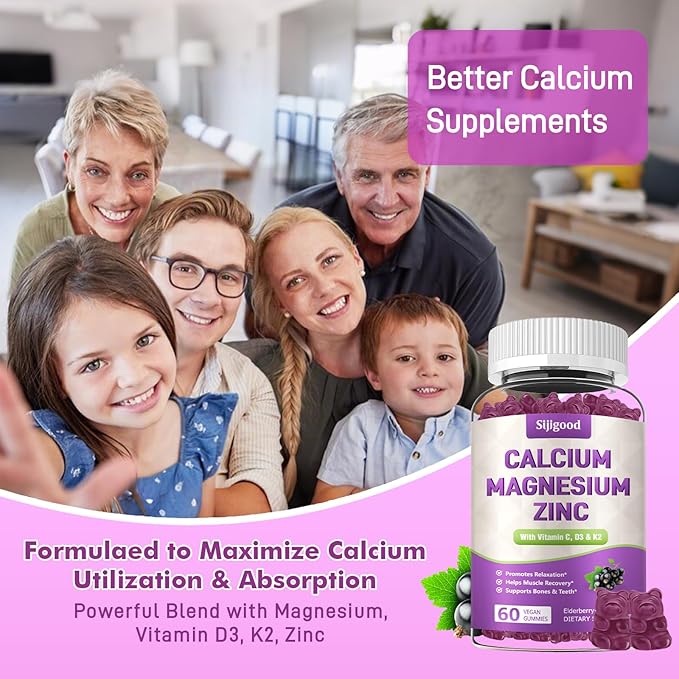 Calcium Magnesium Zinc Gummies with Vitamin C D3 K2, Calcium Gummies for Bone, Muscle, Calm & Zzz Support, High Absorption Formula with Magnesium Zinc Folate Potassium, Elderberry Flavored 60 Counts