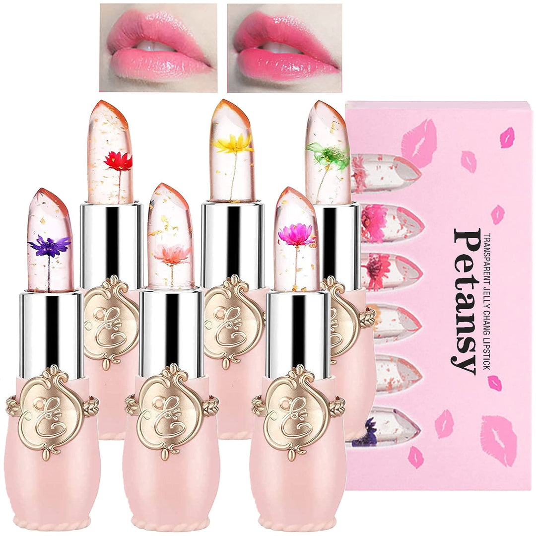Petansy 6 Pack Crystal Jelly Flower Lipstick Set, Nutritious Temperature Change Lip Balm Long Lasting Moisturizer Lip Gloss Magi