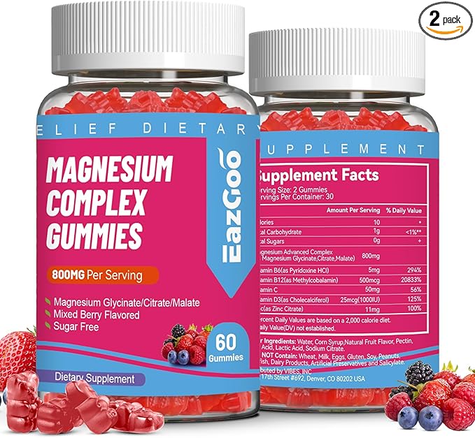 Magnesium Gummies 800mg - Vitamin D3, C, B6, B12 & Zinc Complex with Magnesium Glycinate, Citrate & Malate, Magnesium Complex Gummies for Muscle, Mood & Energy, Vegan 120 Counts