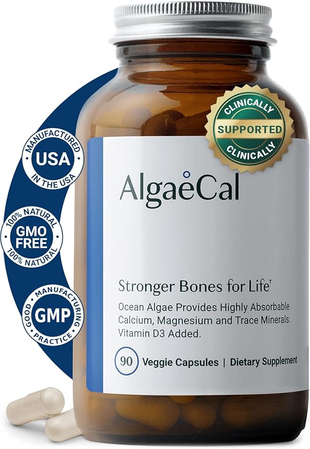 ALGAECAL- Plant Based Calcium Supplement with Vitamin D3 (1000 IU) for Bone Strength, Contains 13 Minerals Supporting Bone Health, Organic Calcium (750 mg) for Women & Men, 90 Veggie Caps, Made in USA