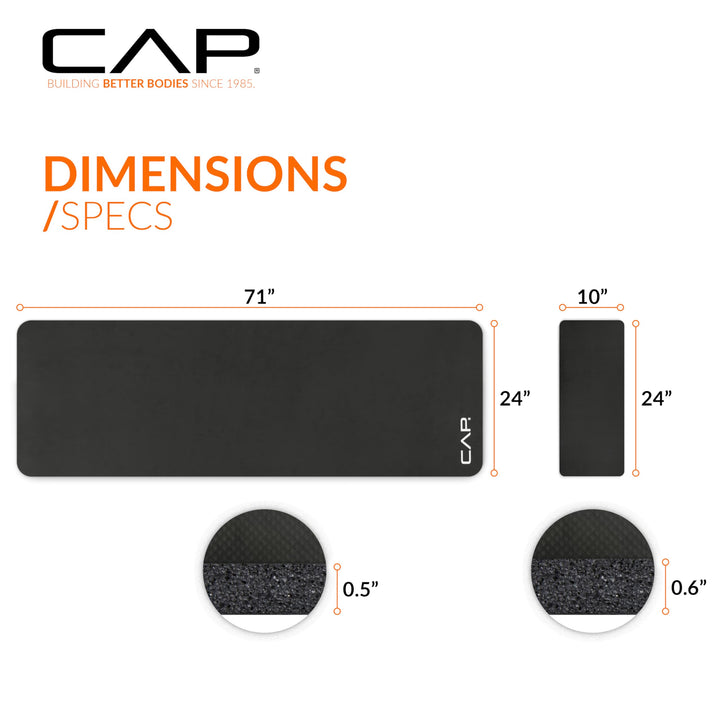 CAP High Density Exercise Yoga Mat with strap and Knee Pad 71"x24"x1/2" BLACK
