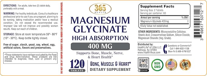 365 Health Magnesium Glycinate, 400mg Per Serving, 120 Tablets, High Absorption Supplement for Bone, Muscle & Heart Health