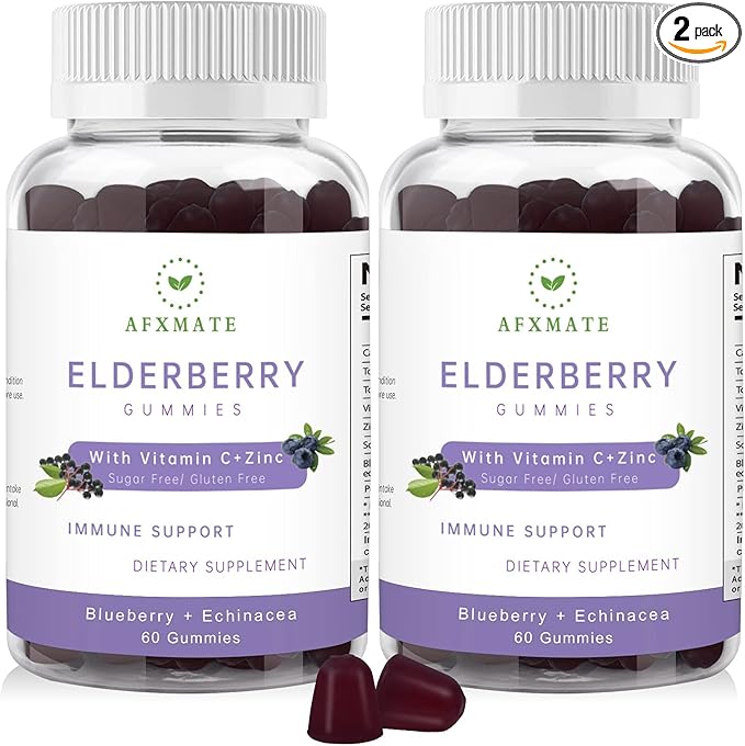 AFXMATE Sambucus Elderberry Gummies, Black Elderberry Gummy with Zinc and Vitamin C for Adults, Sugar Free Kids Multivitamin Gummies Immune Support* Supplement (2 Pack)