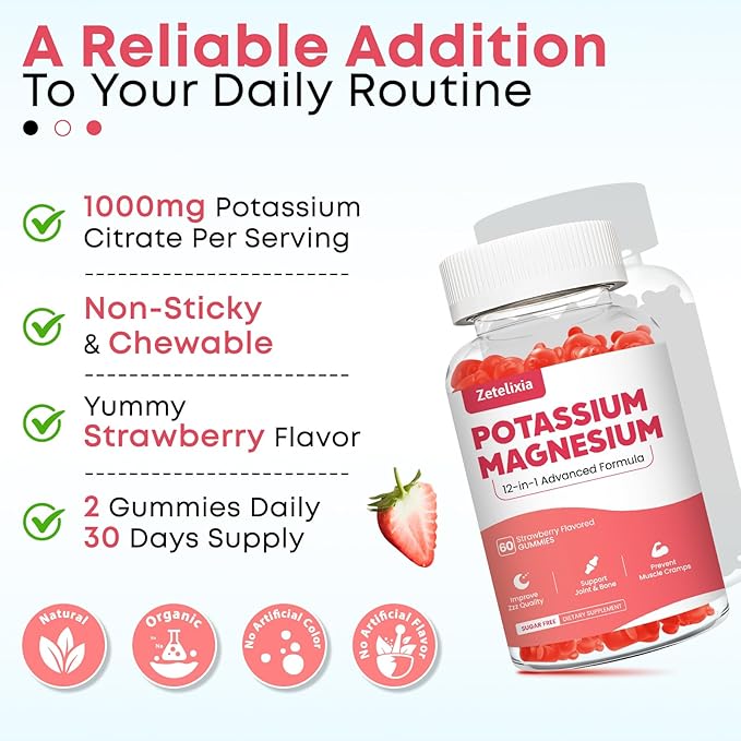 Potassium Magnesium Supplement Gummies for Adults Kids, Magnesium Glycinate & Potassium Citrate, Plus Multivitamin, Omega-3 & Black Pepper, Leg Cramps, Muscle & Heart Health, 60ct