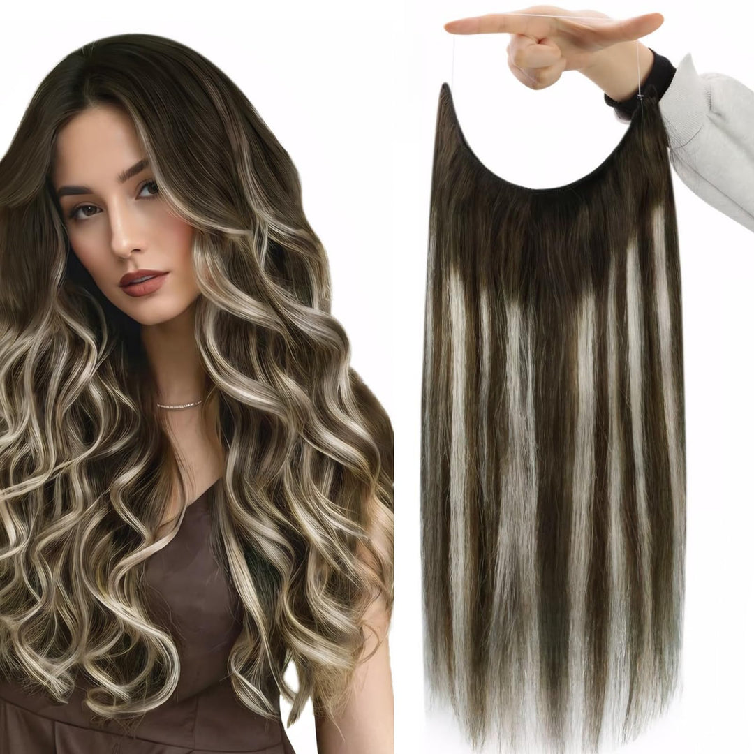 Fshine Real Hair Extensions Wire Human Hair Dark Brown Fading to Brown Mix Platinum Blonde 12 Inch Adjustable Fishing Line Short Hair Extensions One Piece Human Hair Clip ins 70G