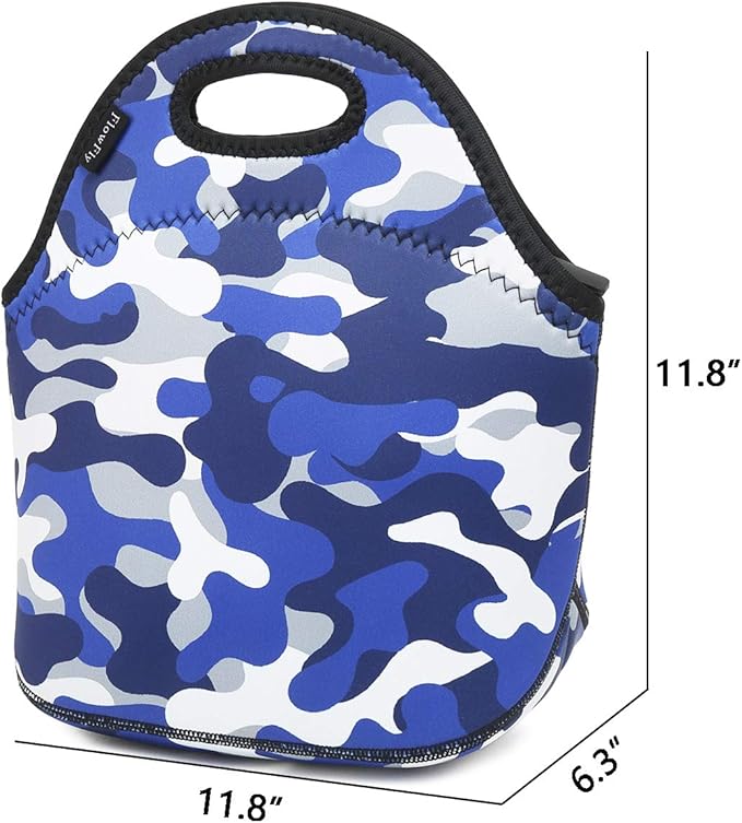 FlowFly Neoprene kids Lunch box Insulated Soft Bag Mini Cooler Thermal Meal Tote Kit for Boys, Girls,Men,Women,School,Work, Office, Blue Camo